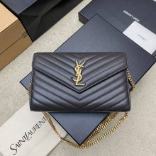 SAINT LAURENT 377828 ラムレザー グレー、ゴールド ハンドバッグ チェーン、クラシック 14x5cm サイズ:22.5x14x4cm