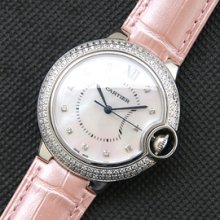 CARTIER バロンブルー ミディアム クォーツ搭載 ホワイト バケットダイヤ ピンク革バンド 国内即発