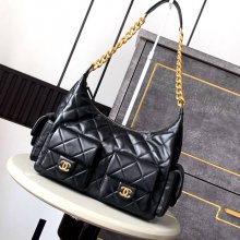 CHANEL 5302 ラムレザー ブラック×ゴールド 脇下バッグ 秋冬 35×27×18cm サイズ:35×27×18cm