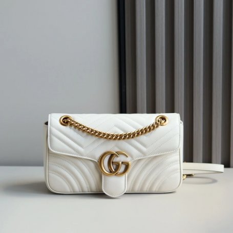 GUCCI 443497 カーフレザー ホワイト チェーンバッグ GG、マルモント 26x15cm サイズ:26x15cm