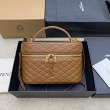SAINT LAURENT 851572 ラムレザー ブラウン、ゴールド ハンドバッグ クラシック 15x8cm サイズ:22.5x15x8cm