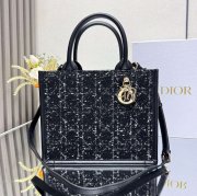 DIOR 7033 ストライプ、刺繍、レター ブラック ハンドバッグ、トートバッグ 小 21.0x14.0cm サイズ:21x14cm