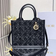 DIOR 7033 ストライプ、刺繍、レター ブラック ハンドバッグ、トートバッグ 小 21.0x14.0cm サイズ:21x14cm