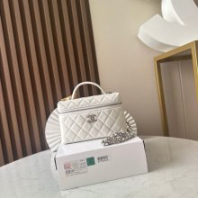 CHANEL 66066 カーフレザー 荔枝紋 ブラック×ホワイト×ゴールド 弁当箱バッグ クラシック 19×14×5cm サイズ:19×14×5cm