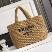 PRADA 1BG392 編み プリント、ギンガム ハンドバッグ、トートバッグ 編み、トート、大 40x34x15cm サイズ:40x34x15cm