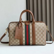 GUCCI 857595 カーフレザー、キャンバス ブラウン 斜め掛けバッグ、ショルダーバッグ、ハンドバッグ、化粧ポーチ、円筒バッグ、ハンドバッグ バニティ、クラシック 30x20x16cm サイズ:30x20x16cm