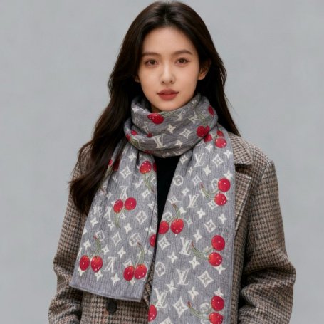 ルイ ヴィトン LV×TMモノグラムチェリー 両面シルクベロア同色スカーフ 60x180cm