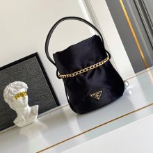PRADA 1BE088 ナイロン、レザー ゴールド、プリント ショルダーバッグ、ハンドバッグ、チェーンバッグ、バケツバッグ ナイロン、チェーン 19x15cm サイズ:19x15cm