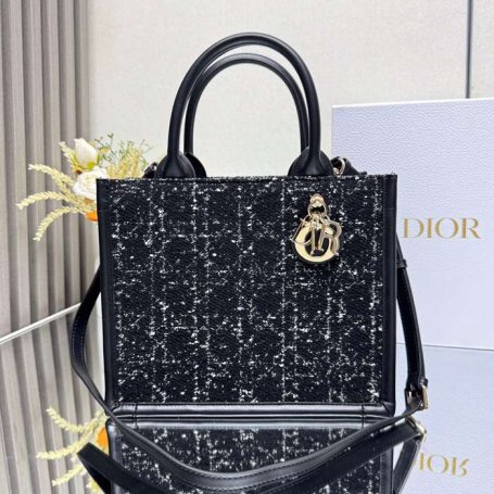 DIOR 7033 ストライプ、刺繍、レター ブラック ハンドバッグ、トートバッグ 小 21.0x14.0cm サイズ:21x14cm