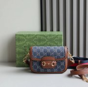 GUCCI 658574 レザー デニム 斜め掛けバッグ、ハンドバッグ GG、馬銜 20cm サイズ:20.5x14x5cm