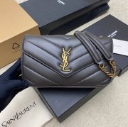 SAINT LAURENT 801437 ラムレザー グレー、ゴールド ハンドバッグ チェーン 24x14cm サイズ:24x14cm