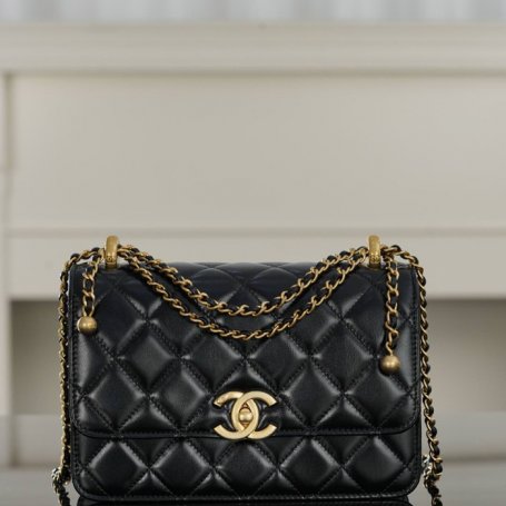 CHANEL カーフレザー ブラック×ゴールド ハンドバッグ 22×14.5×8cm サイズ:22×14.5×8cm