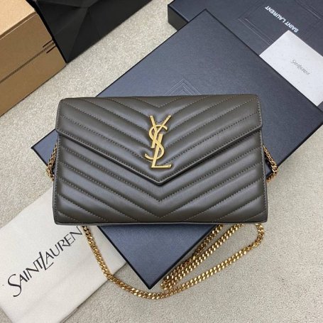 SAINT LAURENT 377828 ラムレザー グリーン、ゴールド ハンドバッグ チェーン、クラシック 14x5cm サイズ:22.5x14x4cm