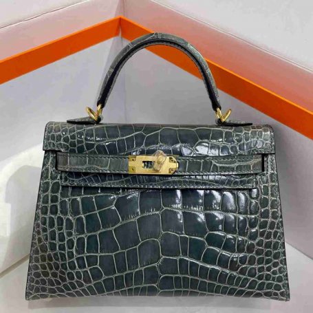 HERMES ケリー 19cm ワニ革 ブルー ショルダーバッグ 高品質 金具ゴールド 19cm Kelly 19cm サイズ:19cm