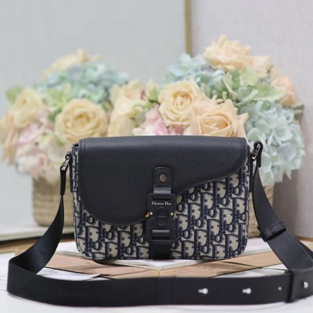 DIOR 049 プリント牛皮サドルフラップメッセンジャー 青布 サイズ:23x17cm