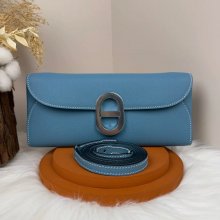 HERMES カーフスキン デニムブルー 斜め掛けバッグ セミハンドメイド 金具ゴールド/シルバー 10×2.5cm サイズ:24×10×2.5cm