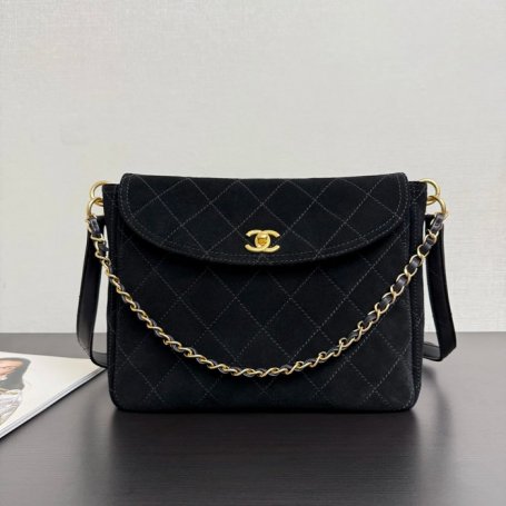 CHANEL 99546 スエード 菱格紋 ブラック×ゴールド 斜め掛けバッグ クラシック ヴィンテージ 30×21.5×6cm サイズ:30×21.5×6cm