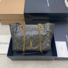 SAINT LAURENT 872680 カーフレザー ブラック、グリーン、ゴールド ハンドバッグ チェーン、ニキ 25x22x10cm サイズ:25x22x10cm