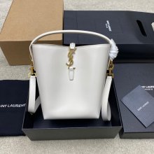 SAINT LAURENT 749036 カーフレザー、カーフ ブラック、ホワイト、ゴールド バケツバッグ クラシック 20x17x13cm サイズ:20x17x13cm