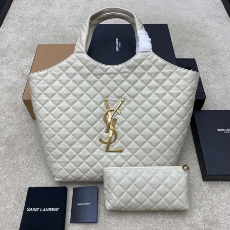 SAINT LAURENT 698651 ラムレザー ホワイト、ゴールド ハンドバッグ イカール 27x13cm サイズ:27x13cm