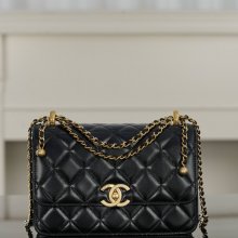 CHANEL カーフレザー ブラック×ゴールド ハンドバッグ 22×14.5×8cm サイズ:22×14.5×8cm