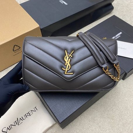 SAINT LAURENT 801437 ラムレザー グレー、ゴールド ハンドバッグ チェーン 24x14cm サイズ:24x14cm