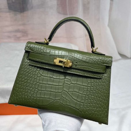 HERMES ケリー ワニ革 グリーン ショルダーバッグ 高品質 19cm Kelly サイズ:19cm