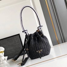 PRADA 1BE068 編み、レザー ゴールド 斜め掛けバッグ、ショルダーバッグ、ハンドバッグ、バケツバッグ 編み、クラシック 20x16x10cm サイズ:20x16x10cm