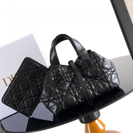 DIOR カーフレザー、レザー グレンチェック、レター ブラック、ベージュ ハンドバッグ、ハンドバッグ 小 23.0x15.5x12.0cm サイズ:23x15.5x12cm