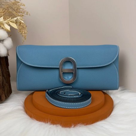 HERMES カーフスキン デニムブルー 斜め掛けバッグ セミハンドメイド 金具ゴールド/シルバー 10×2.5cm サイズ:24×10×2.5cm