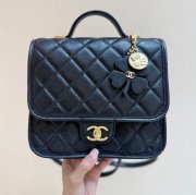 CHANEL カーフレザー 荔枝紋 ブラック×ゴールド ハンドバッグ クラシック 秋冬 22×19.5×7cm サイズ:22×19.5×7cm