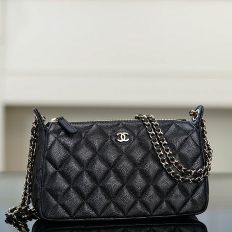CHANEL カーフレザー 荔枝紋 ブラック×ゴールド ショルダーバッグ 21×12×5.5cm サイズ:21×12×5.5cm