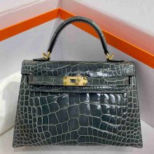 HERMES ケリー 19cm ワニ革 ブルー ショルダーバッグ 高品質 金具ゴールド 19cm Kelly 19cm サイズ:19cm