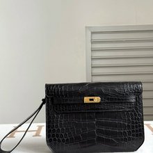 HERMES ケリー デペッシュ 25cm クラッチバッグ マットワニ腹皮 ブラック サイズ: