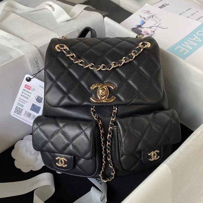 Chanel スムース カーフスキン リュック オールレザー ブラック 3860 サイズ:21x20x12cm