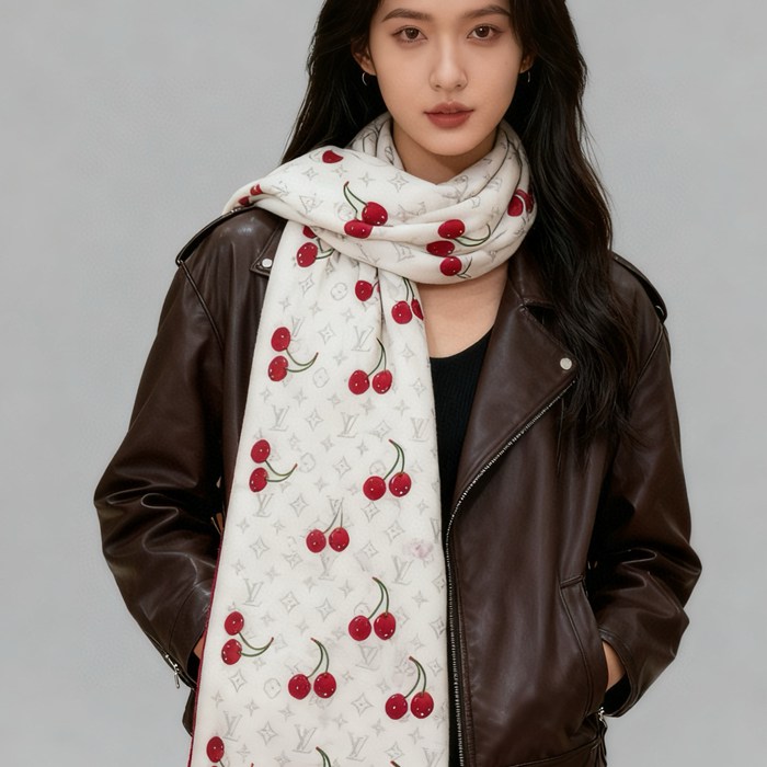 ルイ ヴィトン LV×TMモノグラムチェリー 両面シルクベロア同色スカーフ 60x180cm
