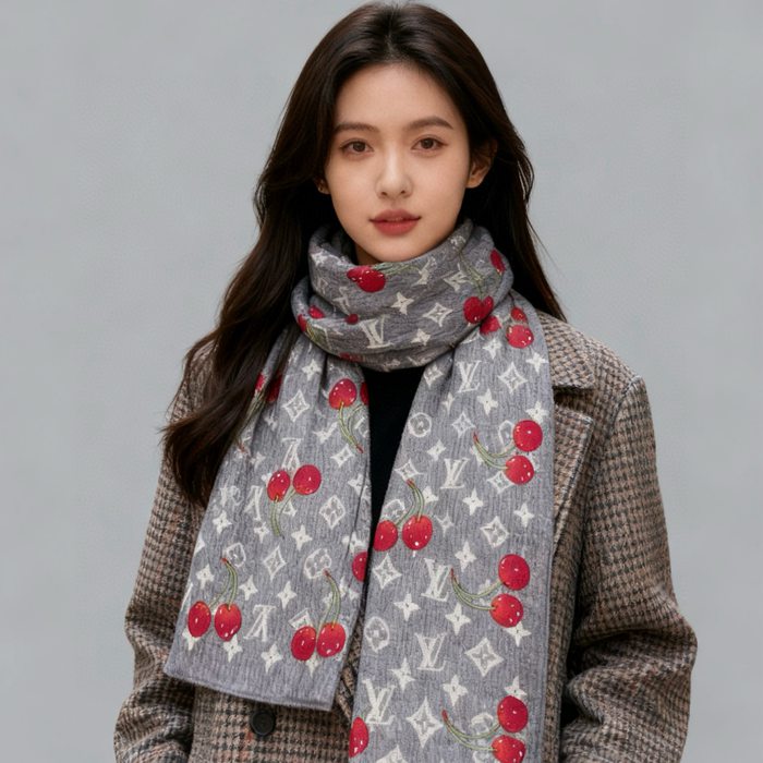 ルイ ヴィトン LV×TMモノグラムチェリー 両面シルクベロア同色スカーフ 60x180cm