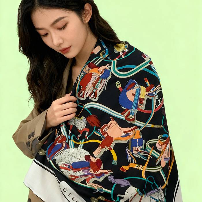 グッチ 140両面シルクウールストール 135cm x 136cm