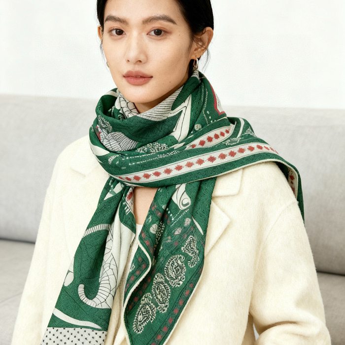 エルメス カシミヤ新作。両面同色。立体パターン。70％カシミヤ30％シルク 140cmx140cm