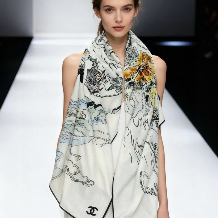 シャネル 25年オートクチュールコレクション。140cmプレミアムシルクベロア両面同色ストール 135x135cm