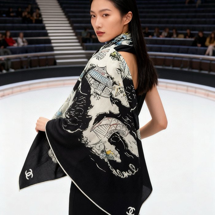 シャネル 25年オートクチュールコレクション。140cmプレミアムシルクベロア両面同色ストール 135x135cm