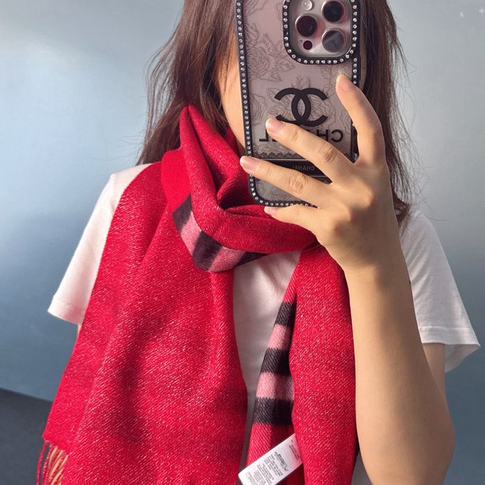 バーバリー 両面チェック金属糸カシミヤスカーフ 30x168