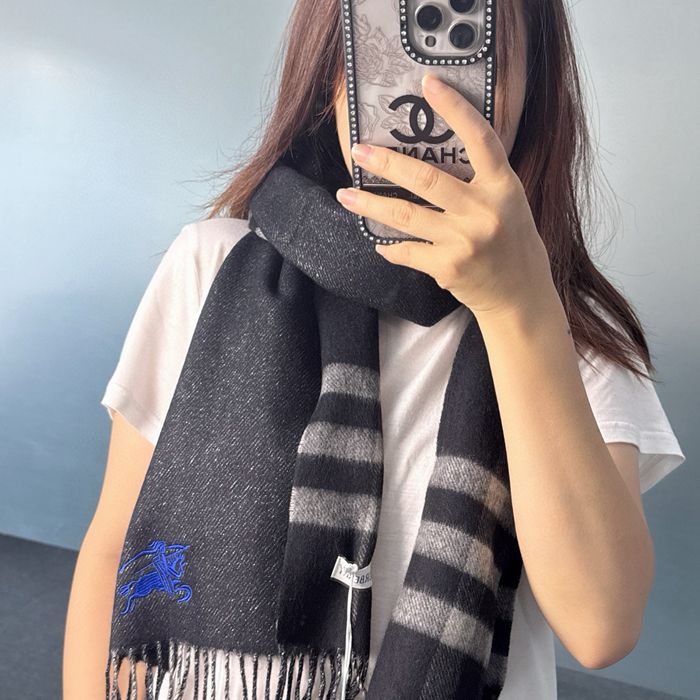 バーバリー 両面チェック金属糸カシミヤスカーフ 30x168