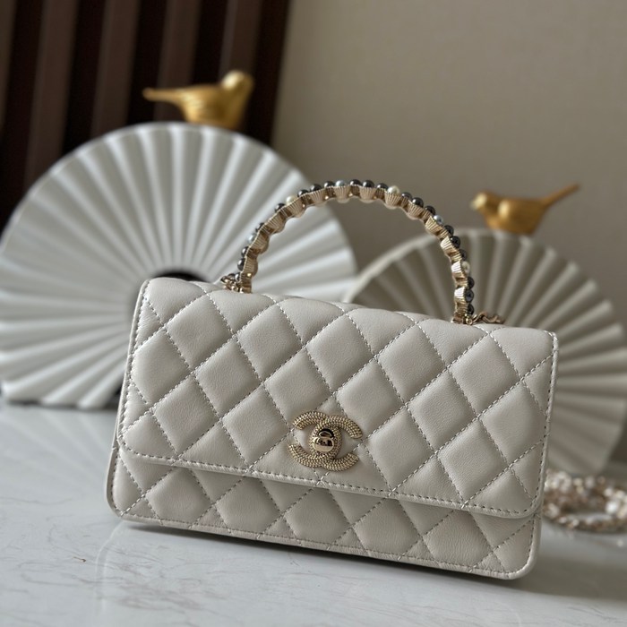CHANEL 66048 ラムレザー ブラック×ホワイト ハンドバッグ クラシック 19.2×12.3×3.5cm サイズ:19.2×12.3×3.5cm