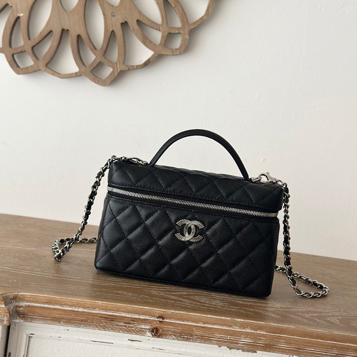 CHANEL 66011 カーフレザー 菱格紋 ブラック×シルバー 斜め掛けバッグ クラシック ファッショナブル 18×14×3cm サイズ:18×14×3cm