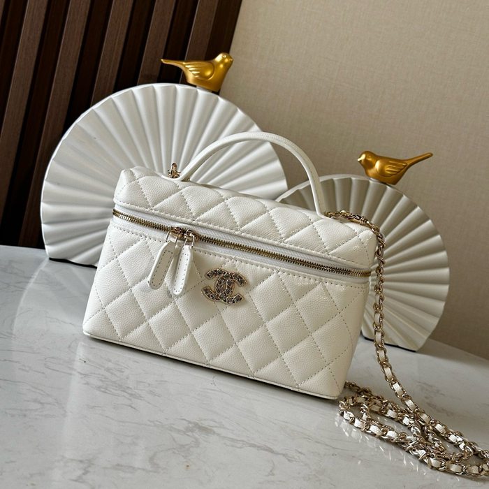 CHANEL 66034 カーフレザー 荔枝紋 ブラック×ホワイト×ゴールド クラシック 春夏 19×14×5cm サイズ:19×14×5cm