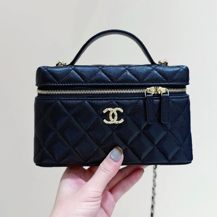 CHANEL カーフレザー 荔枝紋 ブラック×ゴールド 弁当箱バッグ クラシック 秋冬 19×14×5cm サイズ:19×14×5cm