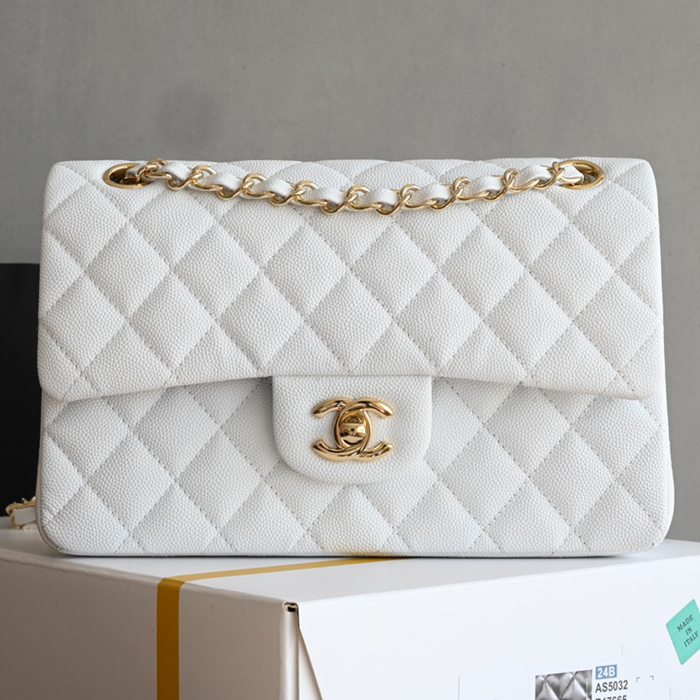 CHANEL 1117 ホワイト×ゴールド クラシック 小 23×14.5×6cm サイズ:23×14.5×6cm