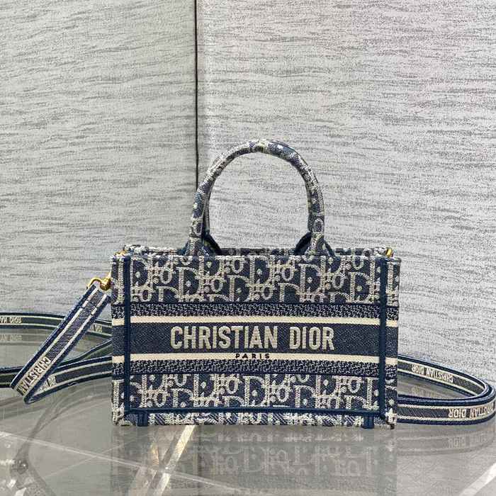 DIOR カーフレザー、オブリーク 刺繍、モノグラム、レター ホワイト、ブルー ショルダーバッグ、トートバッグ ミニ クラシック サイズ:21.5x13x7.5cm