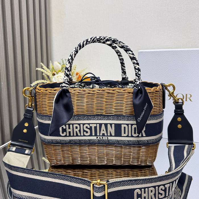 DIOR 8311 編み、オブリーク プリント、刺繍、フラワー ブルー 斜め掛けバッグ、ショルダーバッグ、ハンドバッグ クラシック サイズ:28x21x12cm